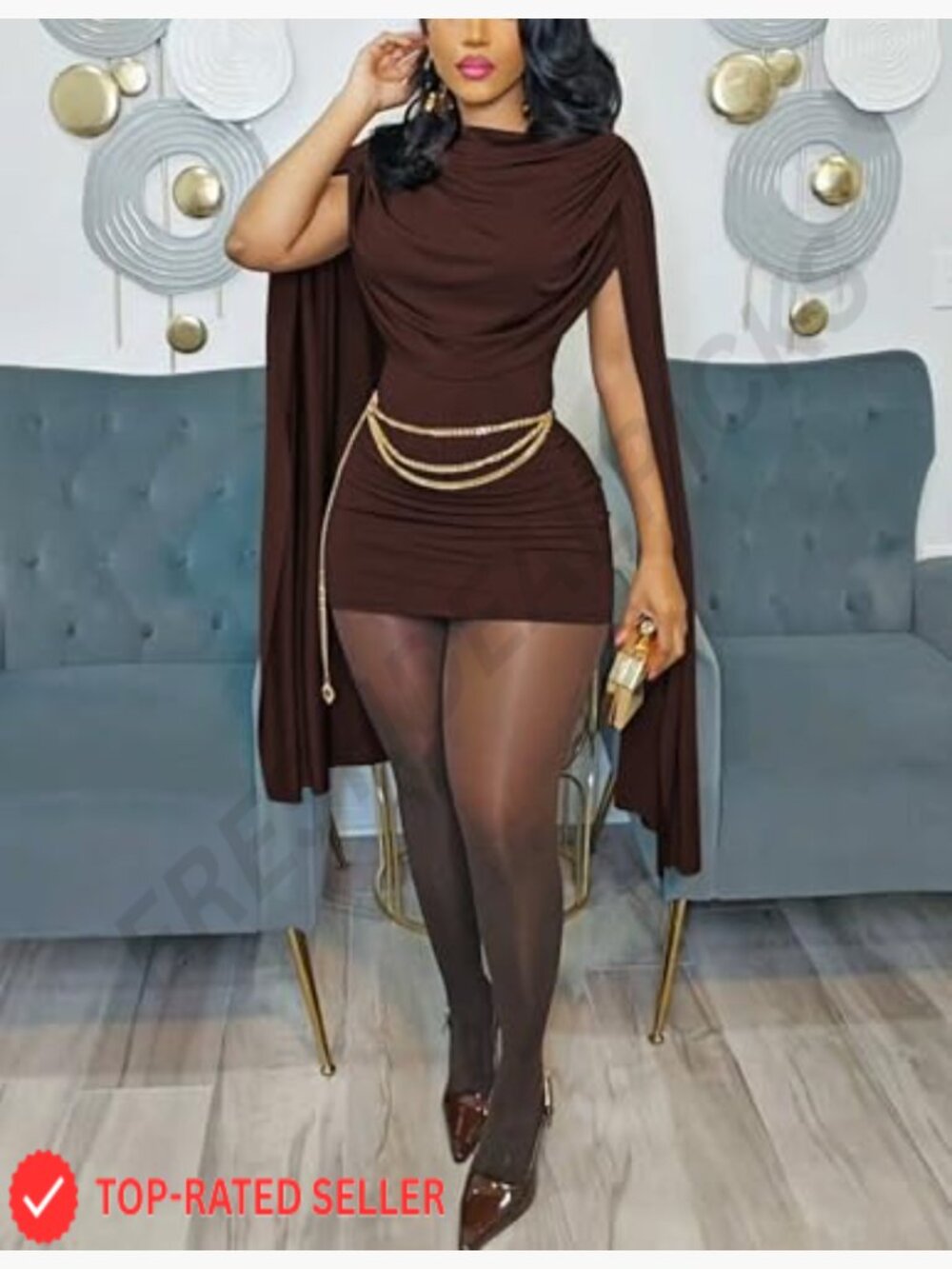 Sexy Bodycon Mini Dress Cowl Neck Cape Sleeve Elegant Club Party Cocktail - Picture 3 of 7